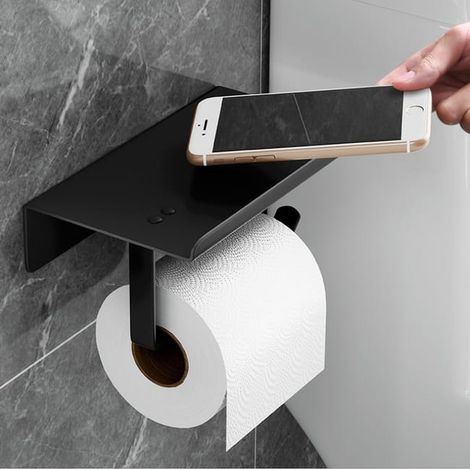 Distributeur papier toilette noir inox, support sans perçage 18x10x7 cm avec porte téléphone salle de bain