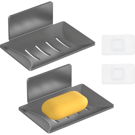 2Pcs Porte Savon Mural,Porte Savon Mural sans Perçage,Support Savon Mural Salle de Bain pour Éponges Brosses Savon,Gris (Gris) (1/5)