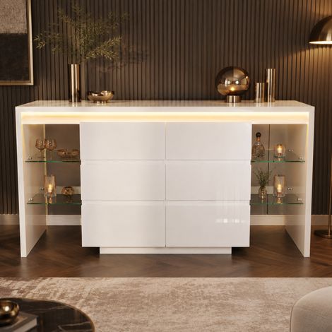 LED-Sideboard in Hochglanzweiß mit 6 Schubladen und 4 Glasablagen 155 x 40 x 80 cm (1/5)