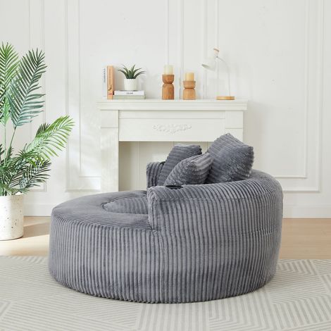Fauteuil rond en velours côtelé 3 coussins 2 porte-gobelets rangement latéral base antidérapante (1/5)