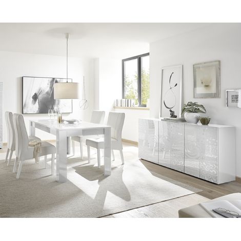 Salle à manger complète moderne laqué blanc – Buffet design et table 180cm – Pour 6 personnes – Meubles bois et blanc tendance (1/5)