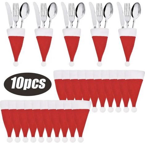 Lot de 10 porte-couverts de Noël - Chapeau de Père Noël - Décoration de table - Accessoire de Noël (1/5)