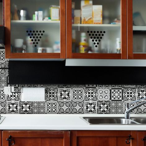 Sticker Mural Carrelage adhésif Cuisine Salle de Bain - 9 Stickers CARRELAGES AZULEJOS Ornements Nuance DE Gris - 9stickers10x10cm (1/5)