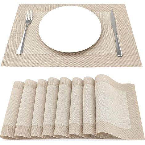 Lot de 8 sets de table en vinyle résistant à la chaleur, tapis de cuisine tissés, 45 x 30 cm, beige (1/4)