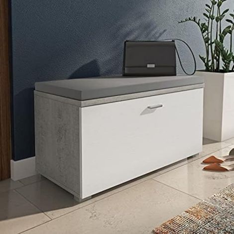 Étagère à chaussures moderne avec 1 porte à rabat et 4 compartiments, étagère à chaussures d'entrée peu encombrante, Banc avec coussin, 85x40xh42 cm, Couleur blanche (1/4)