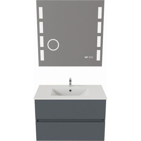 Meuble salle de bain 80 cm ROSALY avec plan vasque et miroir Excellence- Gris- Plan vasque en Céramique (1/5)