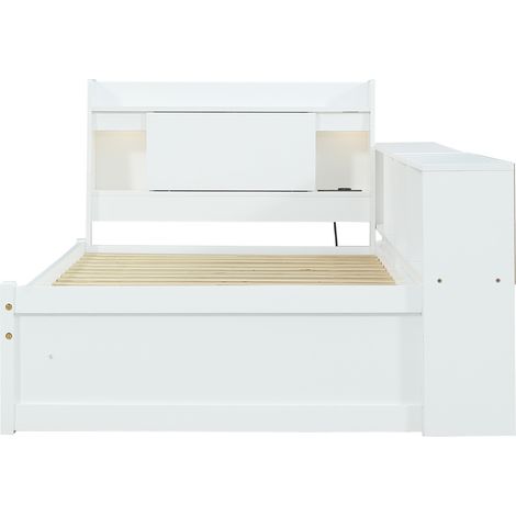 Cama individual 90 x 200 cm blanca con almacenaje, 2 lámparas y toma integrada (1/5)