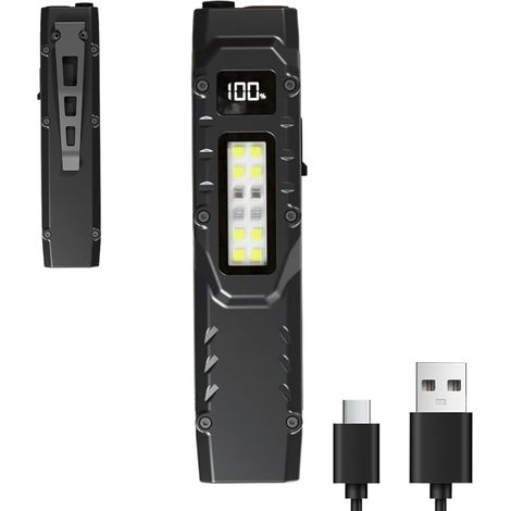 Lampe de poche fine – Lampe de travail portable rechargeable par USB, lampe de poche à affichage numérique avec clip, éclairage extérieur pour voyage (1/5)