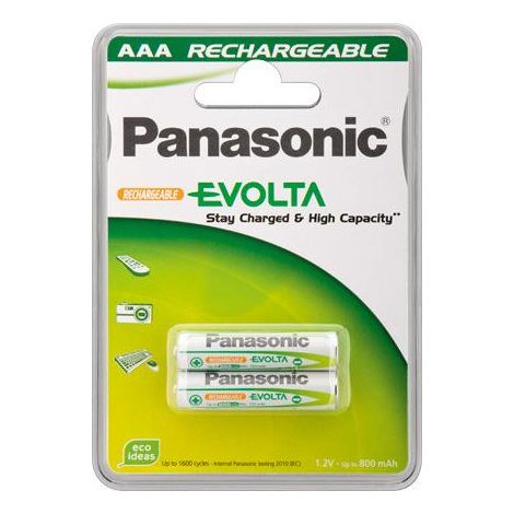 Panasonic P-03E-2BC750 Evolta Batterie Ricaricabili AAA Mini Stilo NiMH 750 mAh 1,2 V 1600 cicli 2 pz colore Verde Bianco (1/2)