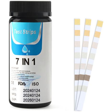 7 en 1 Testeur pour Eau de Piscine et Spa, 50 Bandelettes Test Piscine, Test Piscine Chlore et ph, Le Brome, la Dureté Totale, l’Alcalinité Totale, l’Acide cyanurique, Le Chlore Total (1/5)