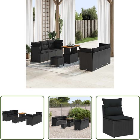 vidaXL Modulares Sofa - Gartensofa-set mit Kissen 9 pcs Schwarz Poly-Rattan (1/5)