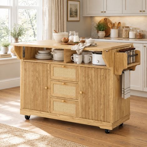 Klappbarer Küchenwagen 95 cm, MDF, Naturholzoptik, OKMYHOME (1/5)