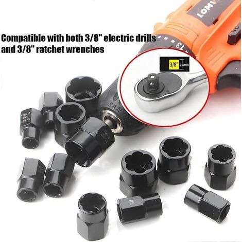 Jeu de 11 douilles à torsion, extracteur d'écrous de roue 9-19 mm, comprenant un chasse-goupille et une tige de chasse-goupille. (1/4)