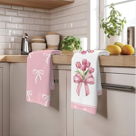 Lot de 2 torchons de cuisine microfibre, design tulipes et nœuds élégants, 40x60cm, ultra-absorbants et doux, pour la cuisine, décoration ou cadeau (1/5)