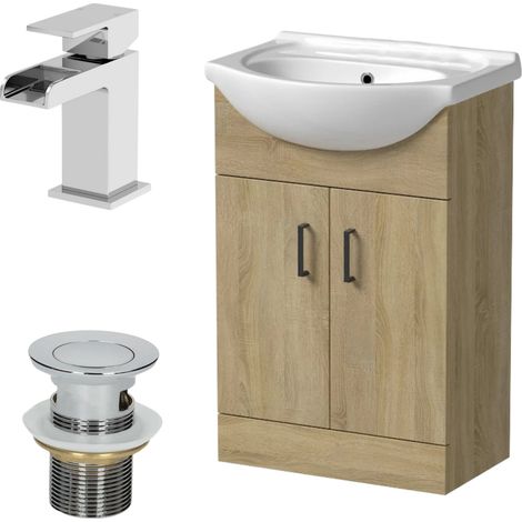 560mm Oak Bathroom Vanity Unit Basin Freestanding Chrome Waterfall Tap & Waste (1/5)