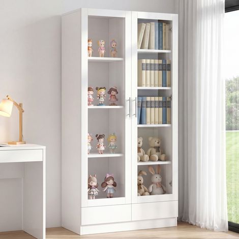 Modernluxe - Vitrine de rangement avec portes en verre et 2 tiroirs, meuble haut multifonctionnel pour bureau - Blanc (1/5)