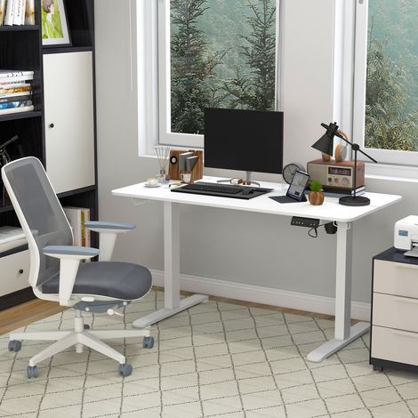 Bureau électrique réglable 140 x 70 cm avec 4 mémoires, anti-collision, 2 passe-câbles et 2 crochets, blanc, pour travail assis-debout - CHICFURN (1/5)