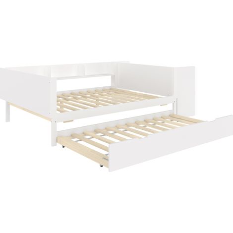 Cama doble 140 x 200 cm con cama nido, escritorio y estantes, pino y aglomerado, blanco (1/5)