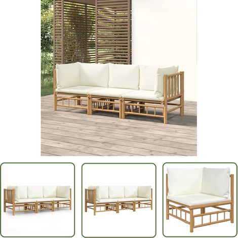 The Living Store Salon de jardin 3 pcs avec coussins blanc crème bambou - Salon De Jardin - Mobilier De Jardin - Ensemble De Salon - Meubles De Jardin - Bambou (1/5)