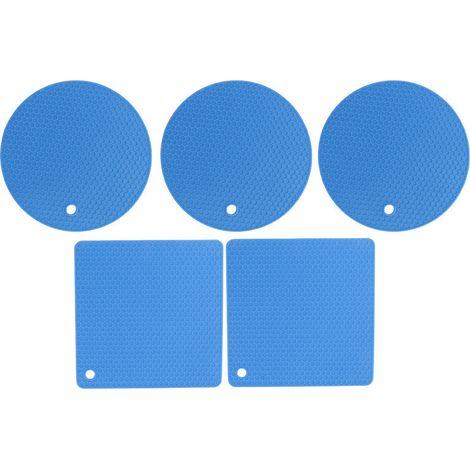 Lot de 5 dessous de plat en silicone carrés et ronds, alvéolés, antidérapants et résistants à la chaleur, pour plaques de cuisson, poêles et casseroles (bleu). (1/5)