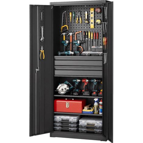 Mophorn Armario metálico de almacenamiento con capacidad de 81,5 kg por estante, ideal para herramientas. Incluye 2 puertas con cerradura, estantes ajustables, 2 cajones y panel perforado (1/5)