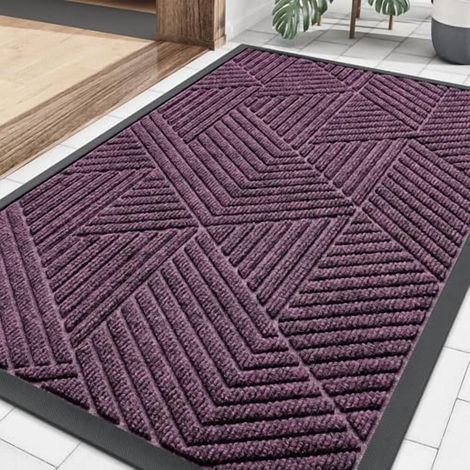 Tapis d'entrée robuste en caoutchouc naturel, retient la saleté et l'humidité, facile à nettoyer, profil bas, triangle irrégulier (29,5 x 17 pouces, violet), compatible avec