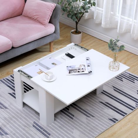 FURNITURE HMD Sliding Coffee/Sofa/End Table with Shelf,White-85x50x45cm(WxDxH) (1/5)