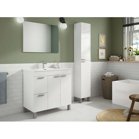 Mobile sottolavabo Lakewood, Mobiletto per bagno, Armadio a 2 ante e due cassetti con specchio, lavabo non incluso, 80x45h80 cm, Bianco lucido (1/5)