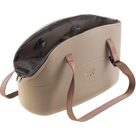 Ferplast WITH ME PRO Borsa con rete protettiva per il trasporto di cani di piccola taglia o coniglietti. Variante WITH-ME PRO - Misure: 21.5 x 43.5 x h 27 cm - Tortora (1/5)
