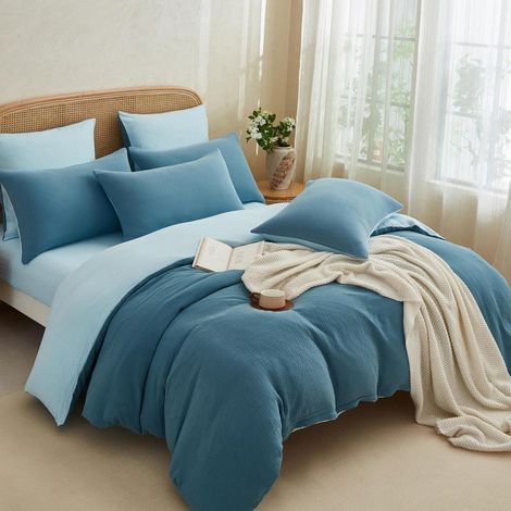 Bettwäsche-Set 220x240 cm Baumwolle Muslin Kühlend Atmungsaktiv Wendbar Blau