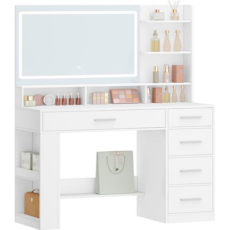 Coiffeuse avec HD Miroir,Coiffeuse avec éclairage LED, 6 Compartiments Ouverts, 5 Tiroirs et Rangements Latéraux. Moderne, Blanc