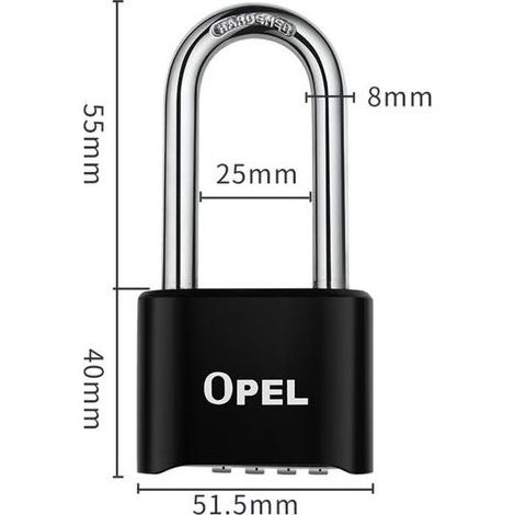 Cadenas Code 4 Chiffres, 52mm Cadenas Extérieur Etanche, Robuste et Antivol, 8mm Loquet Cadenas à CombinaisonNoir, faisceau long-50mm (1/5)