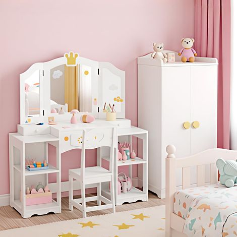 Coiffeuse avec tabouret et miroir amovible, table pour enfant avec boîtes de rangement et compartiments ouverts, pour filles à partir de 3 ans, blanche (1/5)