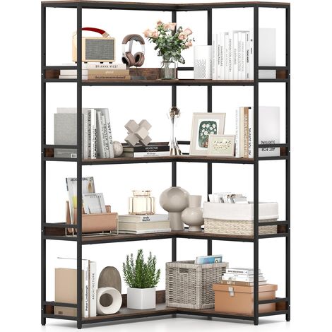 COSTWAY Libreria ad Angolo 180 cm, Libreria a 5 Ripiani a Forma di L con Struttura in Metallo, Scaffale Espositivo Aperto Industriale per Soggiorno Studio Ufficio e Casa, 110 x 89 x 180 cm (1/5)