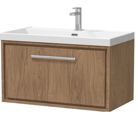 Longnor 1 Drawer Wall Hung Vanity Unit with 1 Tap Hole Thin Edge Basin, Antique Oak, 800mm