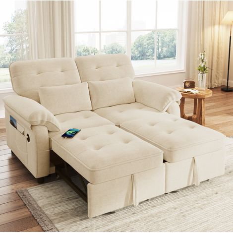 Schlafsofa 2-Sitzer Chenille Beige 142x90x86,5 cm, 3-in-1 mit Bettfunktion, verstellbarer Rückenlehne und USB/Type-C (1/5)