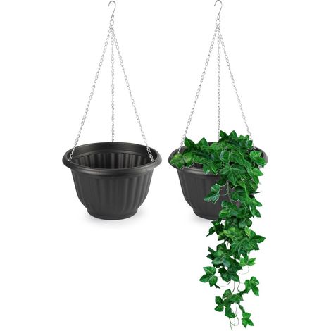 Pot de fleurs Plasticforte - Lot de 2 - suspendu - plastique - anthracite - D25 x H15 cm - pot de fleurs sur chaînette (1/3)