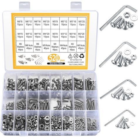 Lot de 520 vis à six pans creux M3 M4 M5 M6 en acier inoxydable Vis filetées avec écrous, assortiment de vis de machine avec rondelles (argenté) (1/5)
