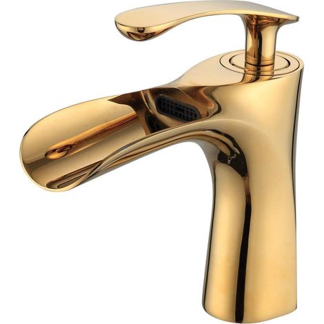 Robinet de lavabo de luxe, mitigeur monocommande effet cascade, finition or poli, pour salle de bain à 1 trou (1/4)