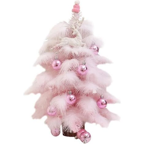 Albero di Natale artificiale con rose piumate, mini albero di Natale da tavolo, con ornamenti e base in legno, per decorazione [O1790] (1/4)