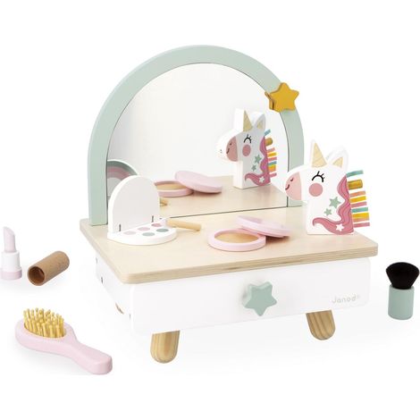 Janod Tavolino da toeletta in Legno per Bambini, Cassetto, Specchio e 7 Accessori, Tema Unicorno, Altezza 33cm, Truccabimbi, da 3 Anni, J06463 (1/5)
