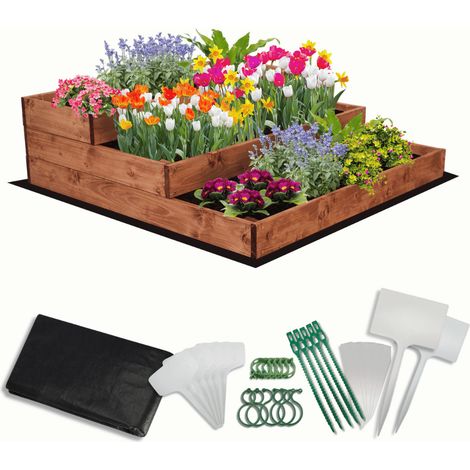 MODO24 Carré potager surélevé en bois, 3 niveaux en cascade, 27x90x93 cm, jardin/terrasse, kit jardinier inclus, brun imprégné
