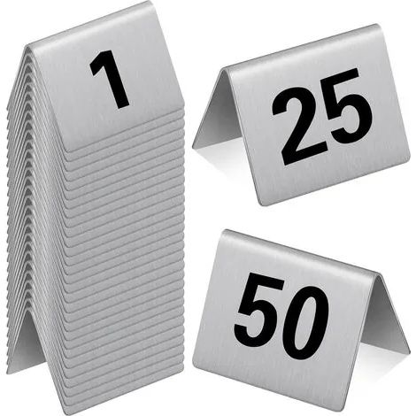 Lot de 50 numéros de table en acier inoxydable, style chevalet, pour restaurants, cafés, bars, fêtes, banquets, mariages et autres événements. Dimensions : 5 x 4 cm. (1/3)