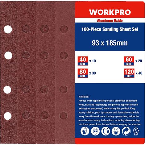 WORKPRO Disques de Ponçage 100 Pièces, Disques Abrasifs Rectangulaire (185mm, 93mm) avec 8 Trous, Grain 40, 60, 80, 120 pour Polissage, Dérouillage, Finition (1/5)
