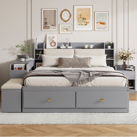 Lit double combiné moderne 140x200 cm en bois gris avec tête de lit rembourrée, tiroirs et rangements intégrés (1/5)