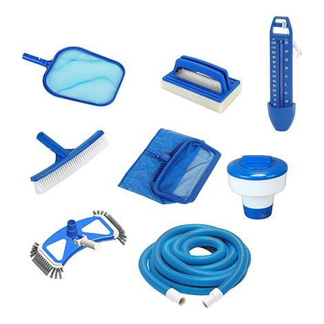 SPIDO - Kit Entretien Piscine Complet - Épuisette surface et fond, Brosses, Diffuseur chlore, Thermomètre, Tête de balai, Tuyau 5 m
