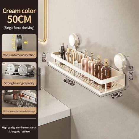 (XP Crème jaune 50 cm) Étagère de salle de bain adhésive à ventouses, sans perçage, en aluminium, à suspendre au mur. (1/5)