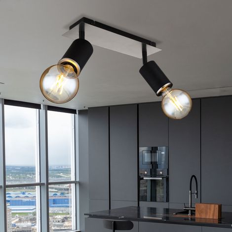 Plafonnier, lampe de salon, 2 flammes, spots orientables, bois, métal noir, 2x douilles E27, LxPxH 31x10x18 cm
