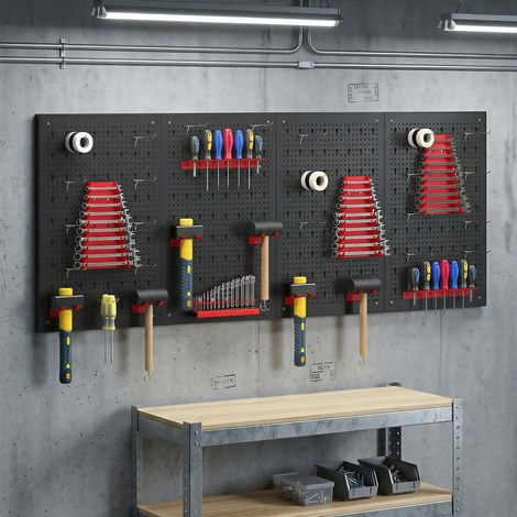 Ensemble de 4 supports muraux à outils en acier (38 pièces) avec 12 supports et 22 crochets. Noir et rouge.