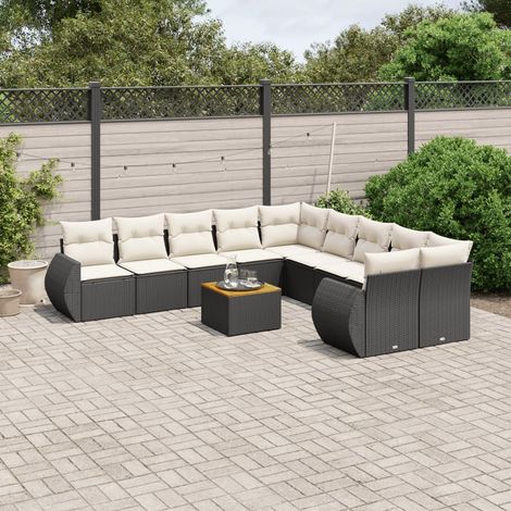 Ensemble de canapé de jardin 11 pièces avec coussins, en polyrotin noir (1/5)
